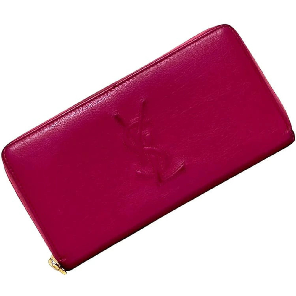 Saint Laurent Zip Long Wallet Leather Stitched Embroidery Pink